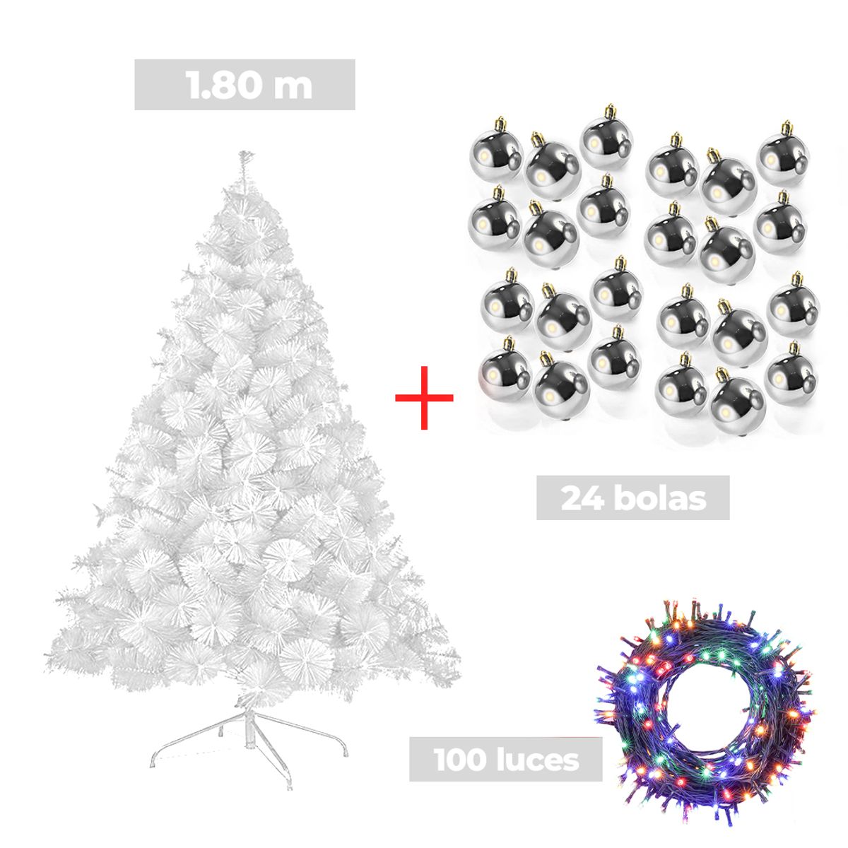 GENERICO - COMBO ARBOL NAVIDEÑO BLANCO 180 M.+ 24 BOLAS PLATEADO + LUCES MU