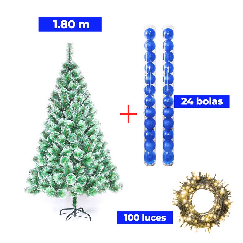 GENERICO - COMBO ARBOL NAVIDEÑO PUNTAS NEVADAS 180 M.+ 24 BOLAS AZUL + LUCES