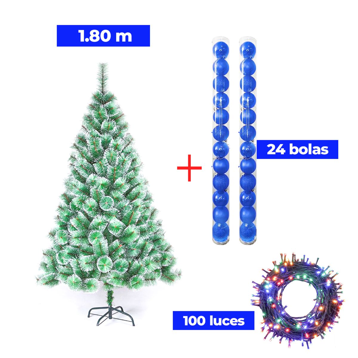 GENERICO - COMBO ARBOL NAVIDEÑO PUNTAS NEVADAS 180 M.+ 24 BOLAS AZUL + LUCES MU