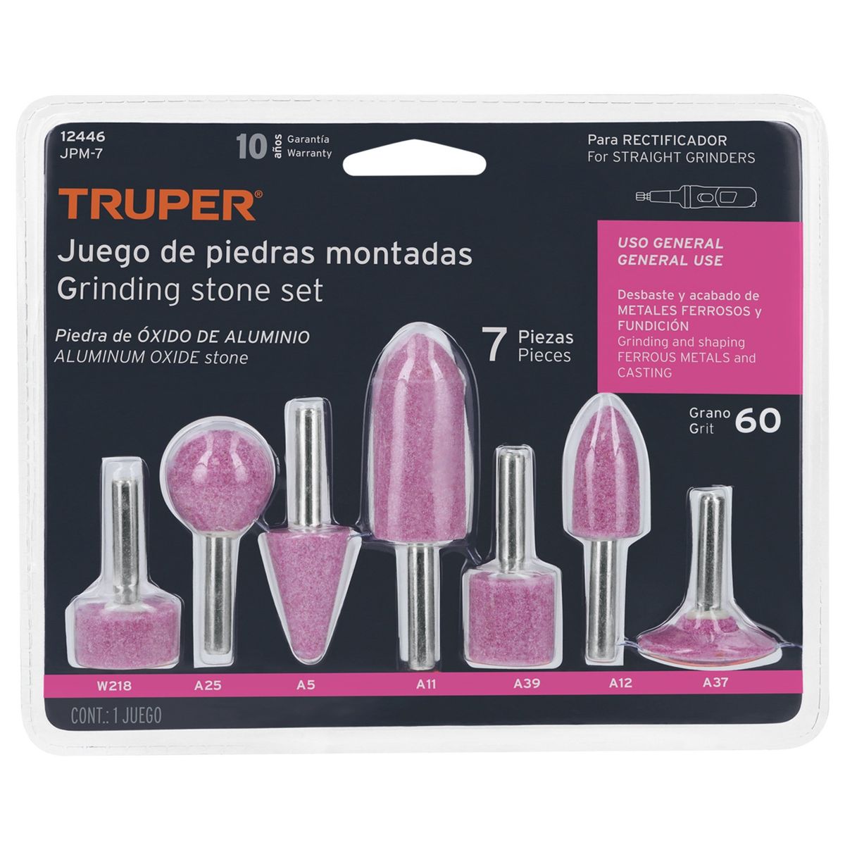 TRUPER - Juego de 7 piedras montadas zanco 1/4", uso general, Truper