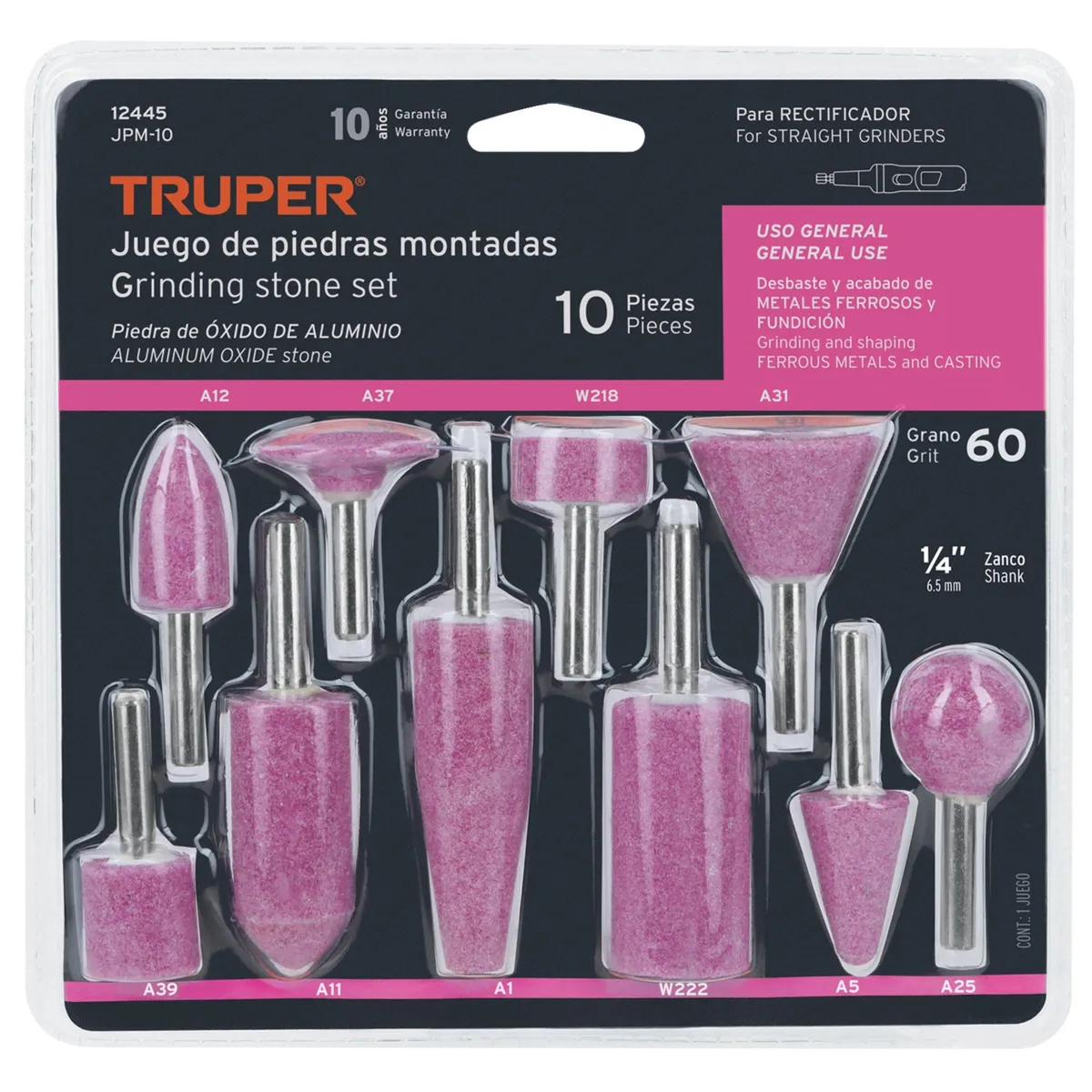 TRUPER - Juego de 10 piedras montadas zanco 1/4", uso general, Truper