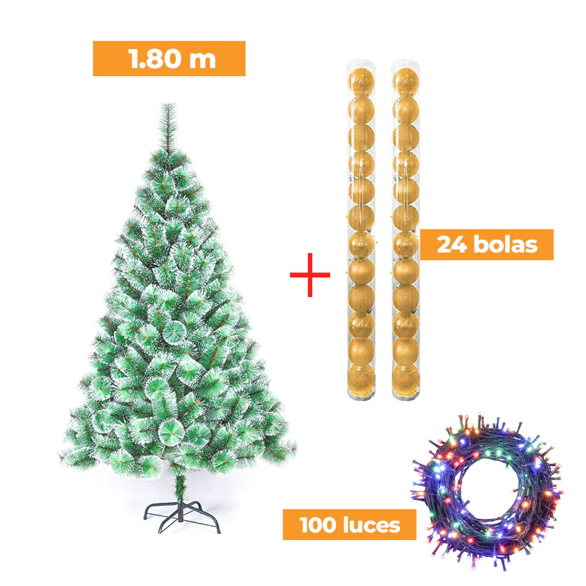 GENERICO - COMBO ARBOL NAVIDEÑO PUNTAS NEVADAS 180 M.+ 24 BOLAS NARANJA + LUCES MU