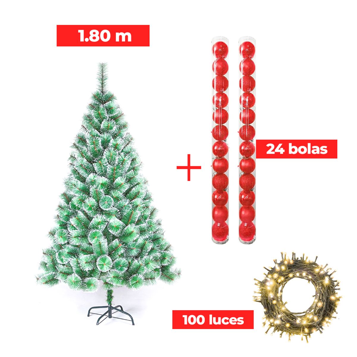 GENERICO - COMBO ARBOL NAVIDEÑO PUNTAS NEVADAS 180 M.+ 24 BOLAS ROJO + LUCES