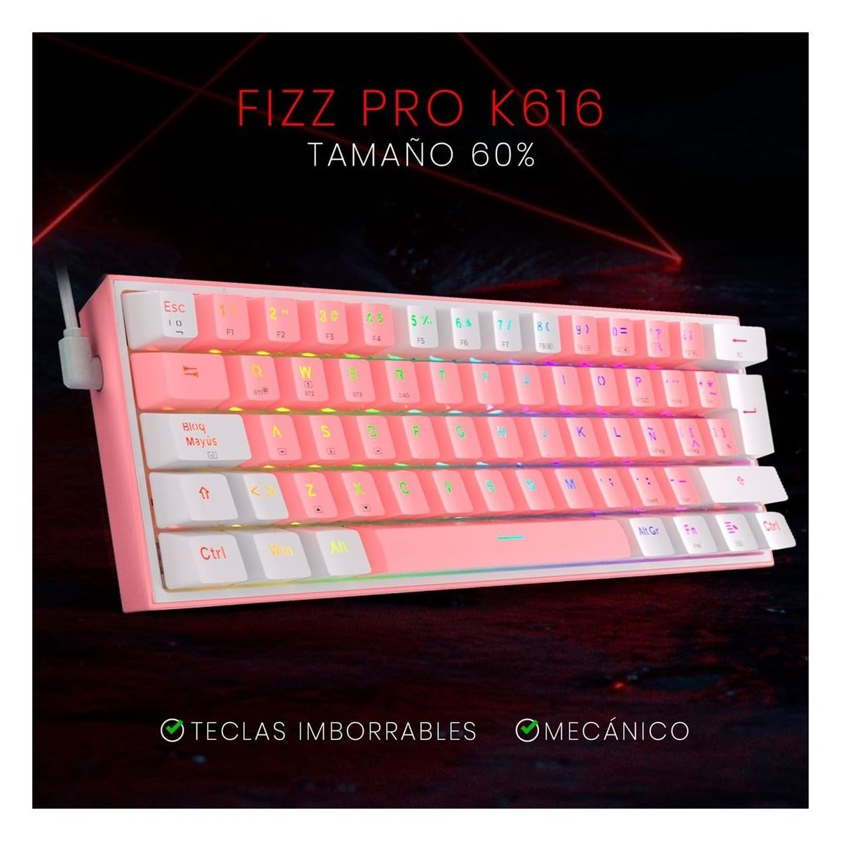 REDRAGON - Redragon - Teclado Fizz Pro K616 Wireless Switch Red Español PinkWhite
