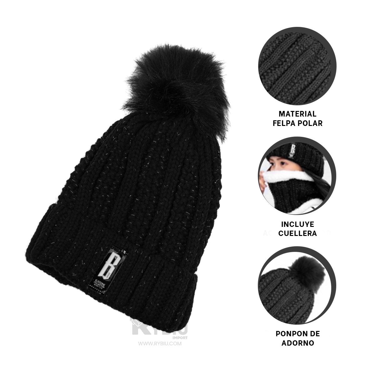 RYBIU IMPORT - Conjunto Gorro y Cuellera Tono Negro Y+Envoltorio de Regalo