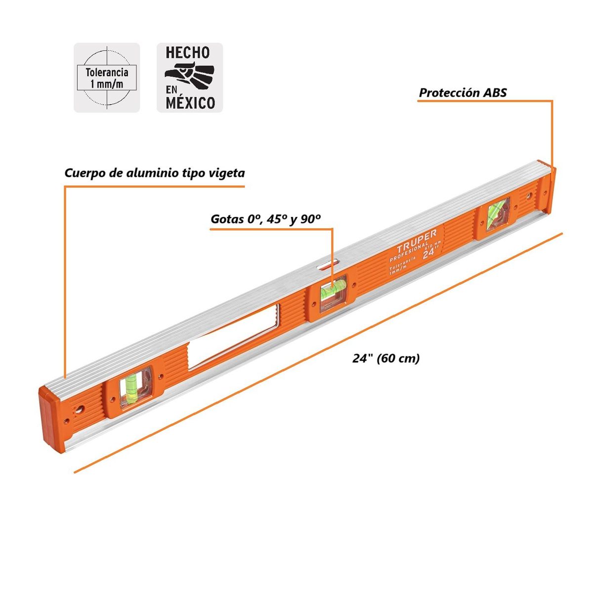 TRUPER - Nivel Profesional de 24" de Mano Aluminio, TRUPER 17036