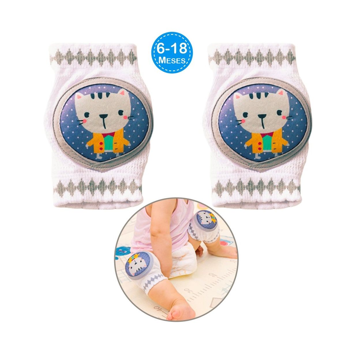 BABY - Rodilleras Acolchonadas AntiGolpes para Bebés -Gatito Blanco