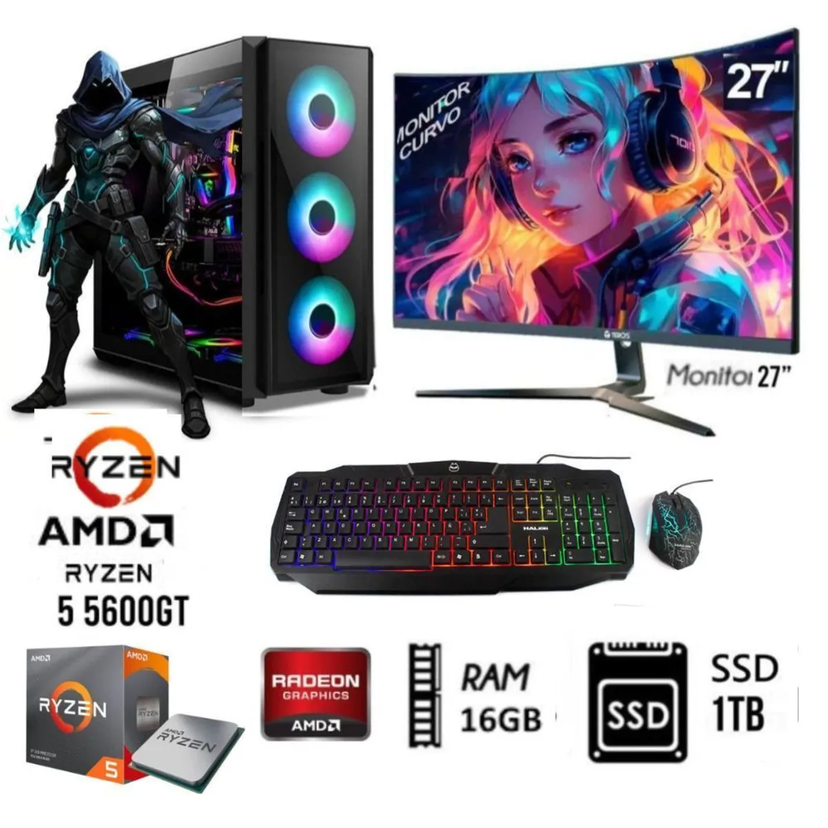 AMD - Computadora PC GAMER RYZEN 5 5600GT RAM 16GB DISCO SSD 1TB  MONITOR 27 FHD