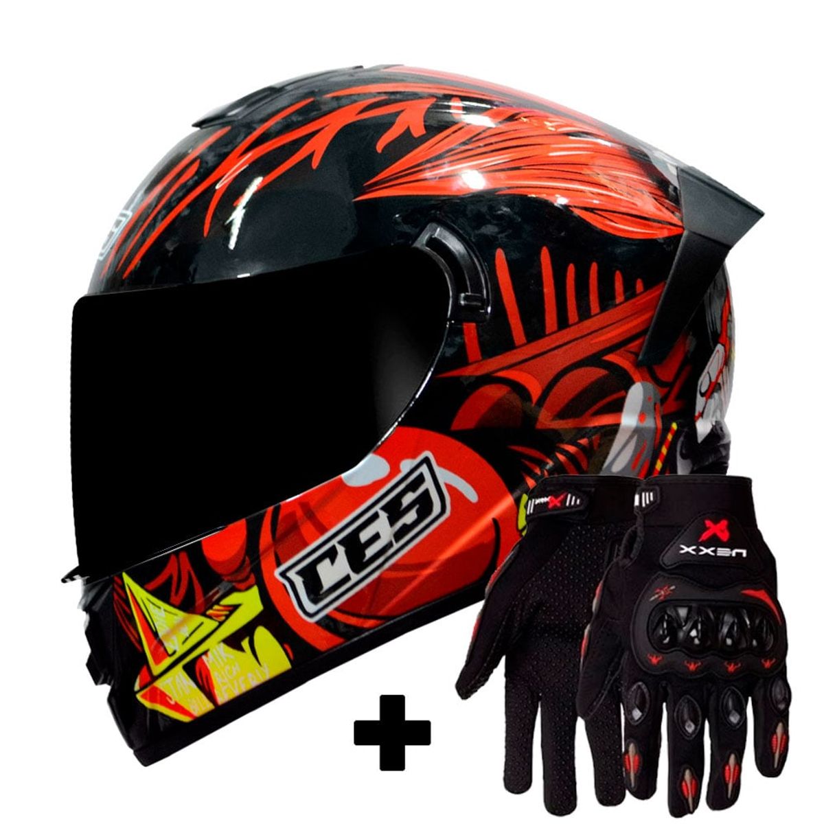 CES - CASCO MOTO DOBLE VISOR CERTIFICADO JOKER ROJO BRILLO + GUANTES MOTO CON TOUCH