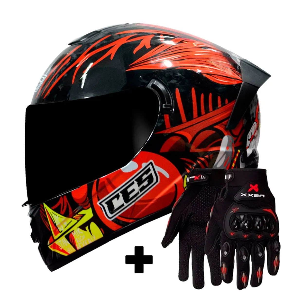 CES - CASCO MOTO DOBLE VISOR CERTIFICADO JOKER ROJO BRILLO + GUANTES MOTO CON TOUCH