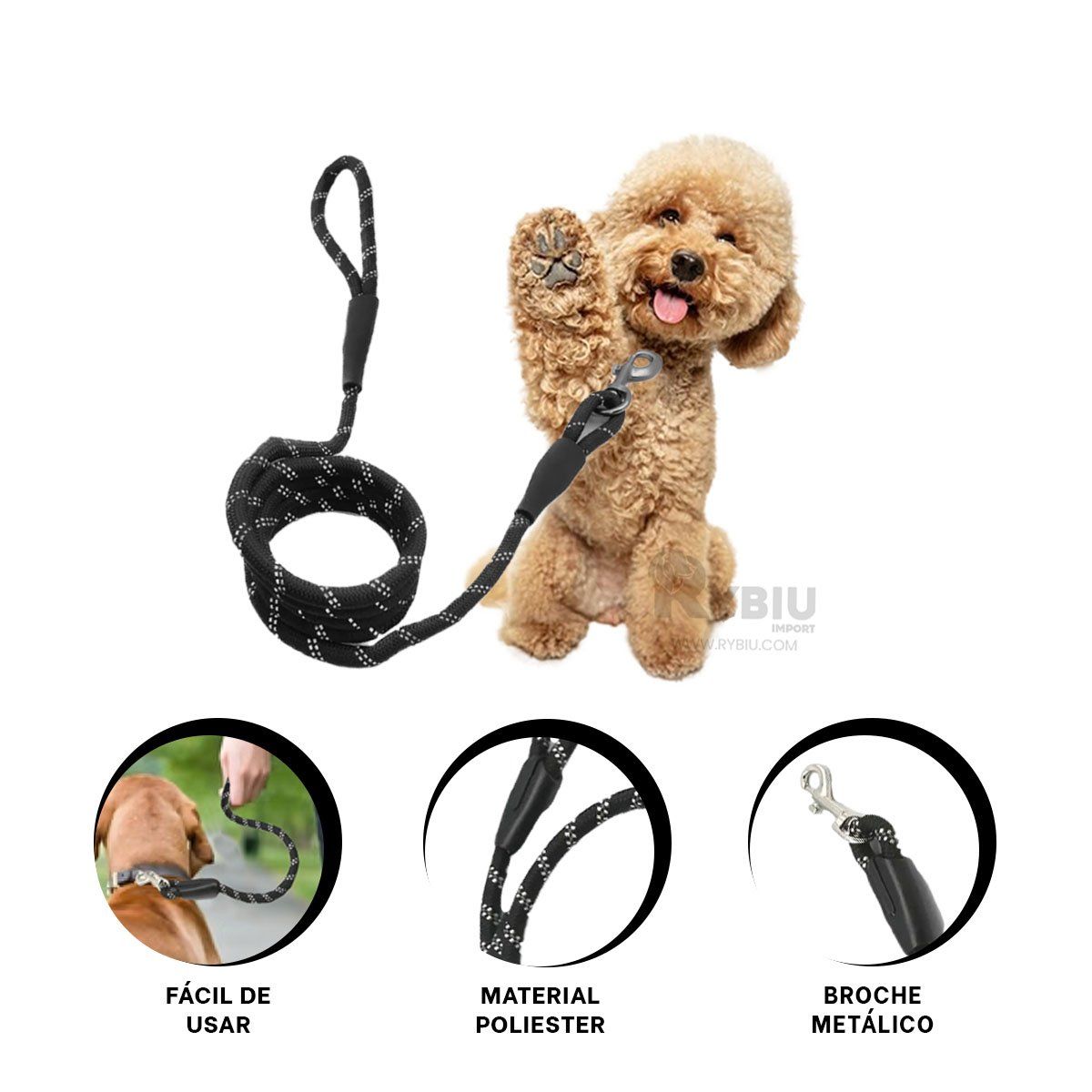 RYBIU IMPORT - Soga Resistente para Perro de Delgada 2m Color Negro