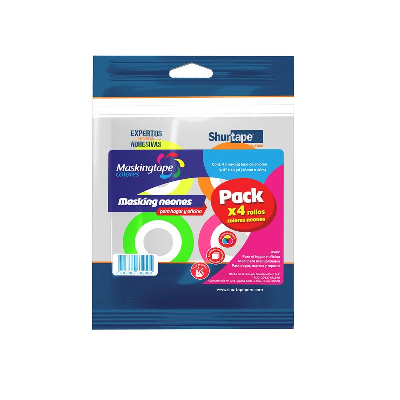 SHURTAPE - Cinta Masking Tape Colores Neón x 4 rollos 3/4" x 11Yds