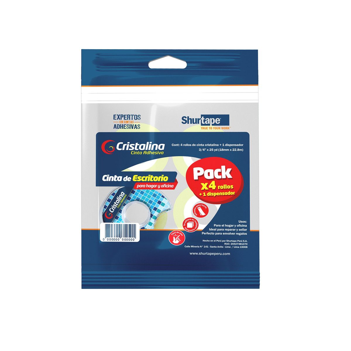 SHURTAPE - Cinta de Escritorio x 4 rollos 3/4" x 25Yds + 1 Dispensador