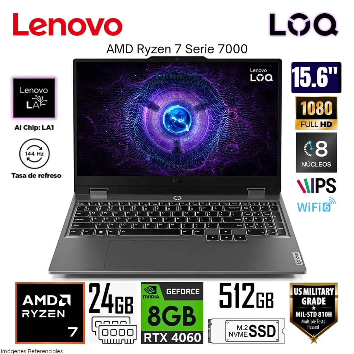 LENOVO - Laptop Gamer Lenovo LOQ AMD Ryzen 7 7435HS 24GB RAM 512GB RTX 4060 15.6" FHD Win 11 83JC005SLM