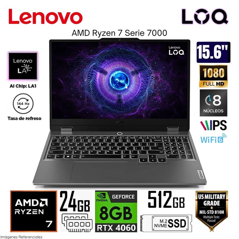 LENOVO - Laptop Gamer Lenovo LOQ AMD Ryzen 7 7435HS 24GB RAM 512GB RTX 4060 15.6" FHD Win 11 83JC005SLM