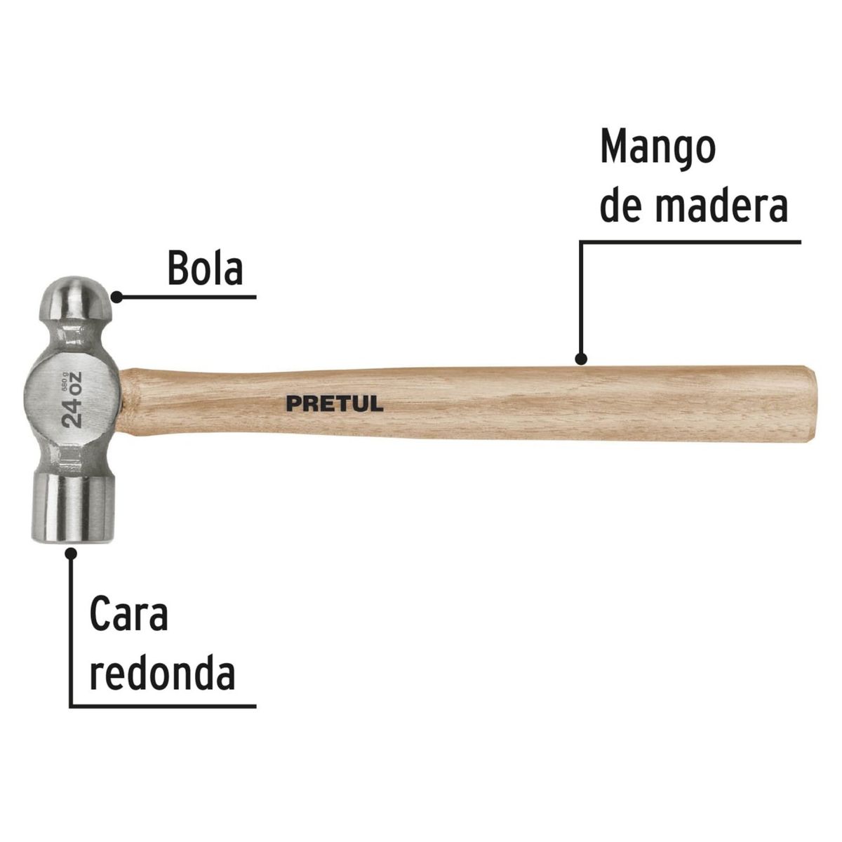 PRETUL - Martillo pulido de bola 24 oz mango madera, Pretul