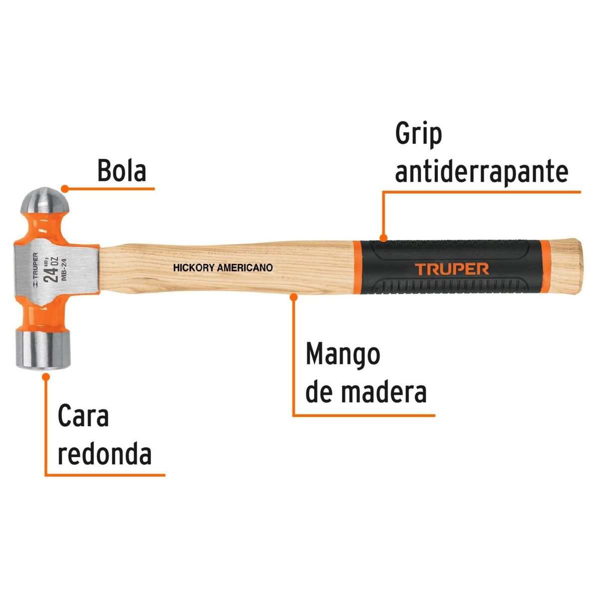 TRUPER - Martillo pulido de bola 24 oz mango hickory, Truper Grip