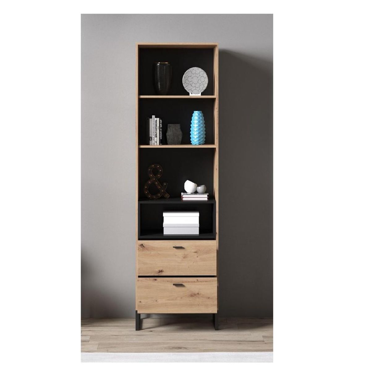 TU MESITA - Librero Alto TU MESITA Leyto color RobleNegro 2 cajones