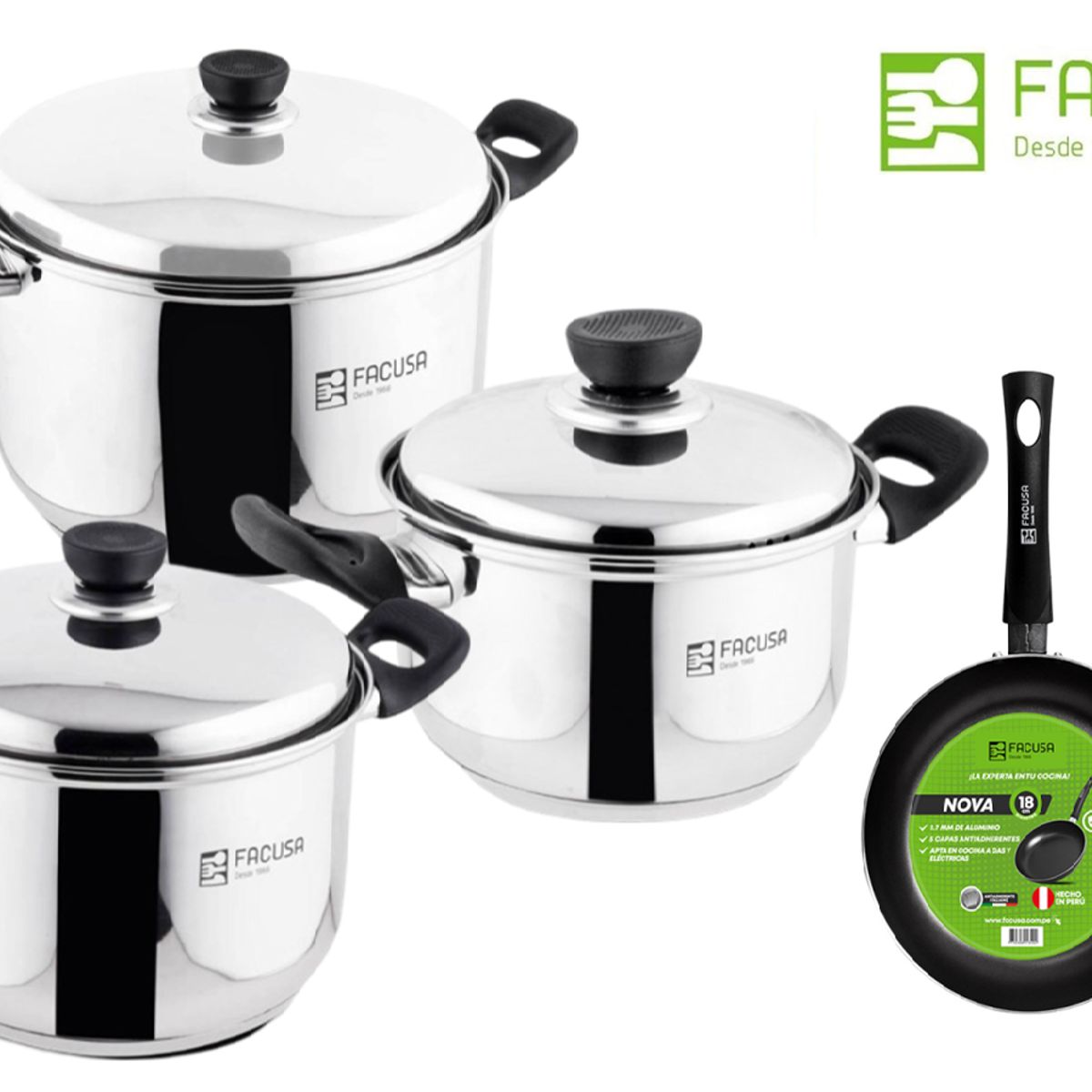 FACUSA - Juego de Ollas y Sartén 8 piezas Acero Inoxidable