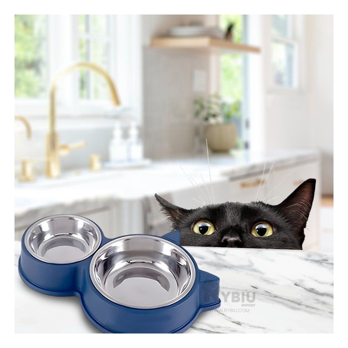 RYBIU IMPORT - Plato con Doble Cuenco con Orejitas de Gato de Color Azul