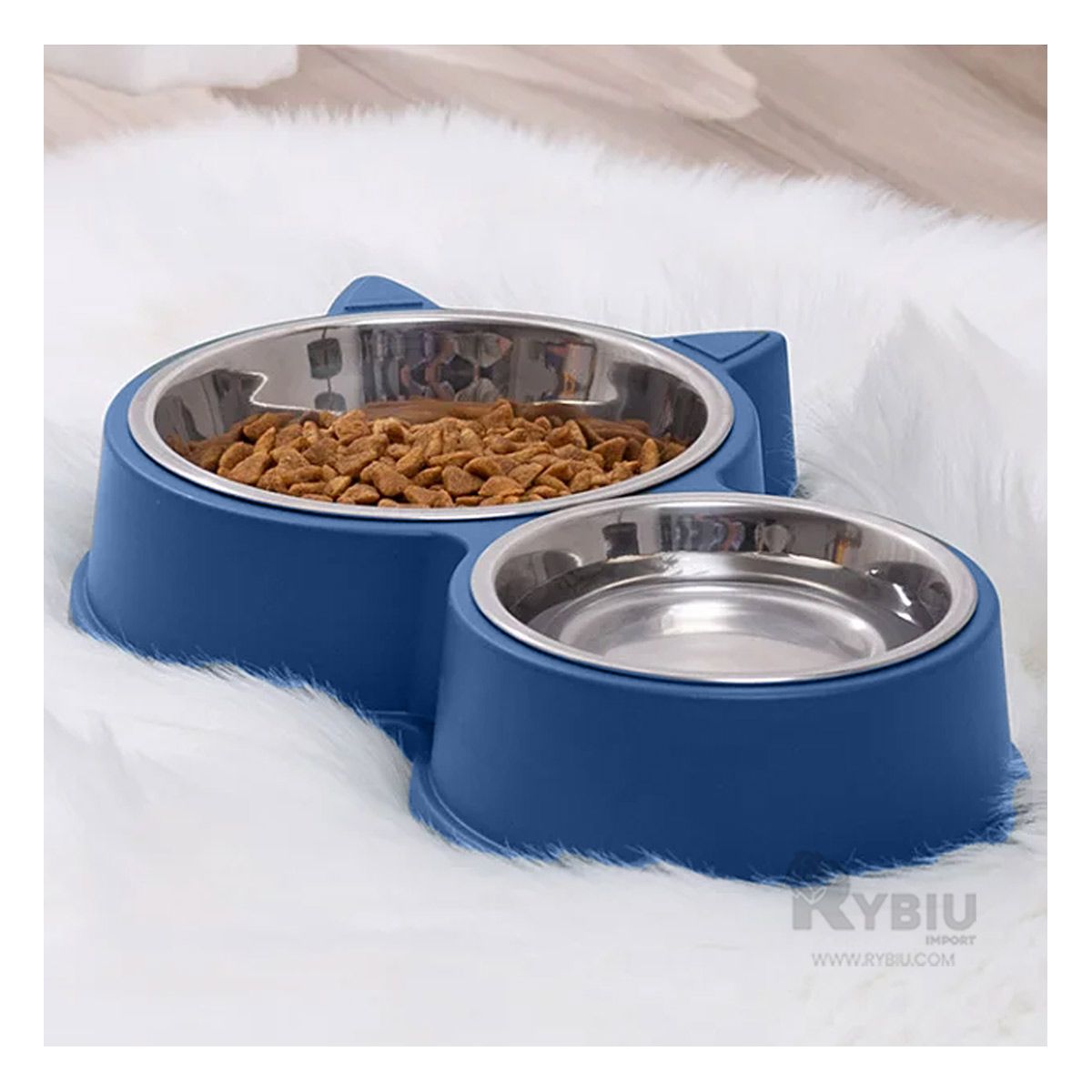 RYBIU IMPORT - Plato para Mascotas con Cuenco Doble Azul Y+Papel de Regalo