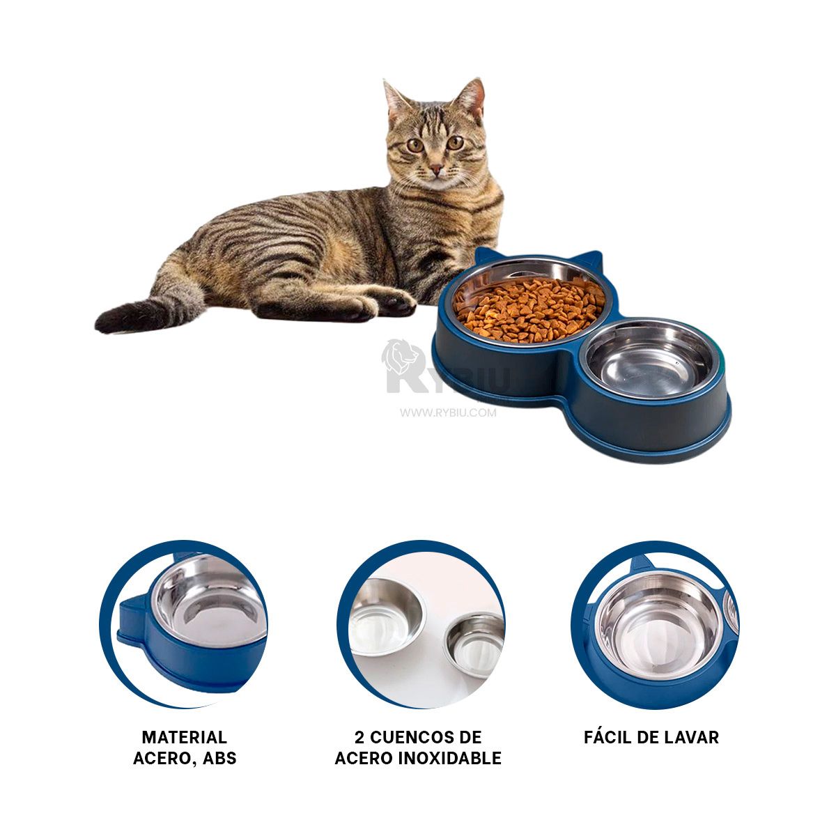 RYBIU IMPORT - Plato para Mascotas con Cuenco Doble Azul Y+Papel de Regalo