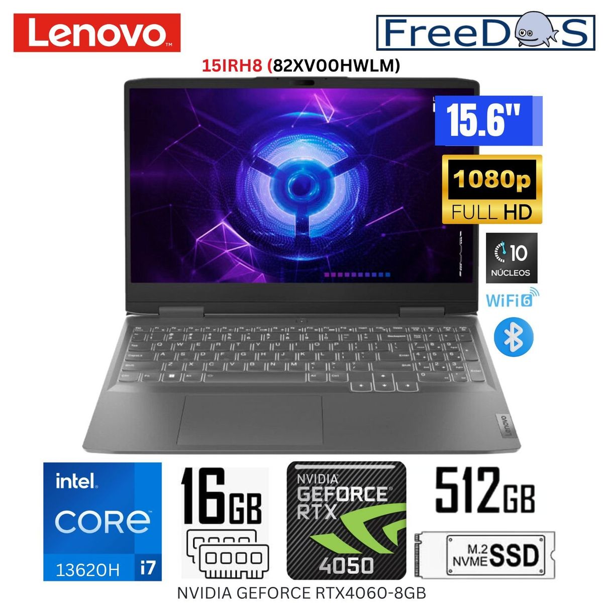 LENOVO - Laptop Lenovo LOQ 15IRH8 Intel Corei7-13620H 16GB RAM 512GB SSD 15.6 FHD RTX4050-6GB 82XV00HWLM