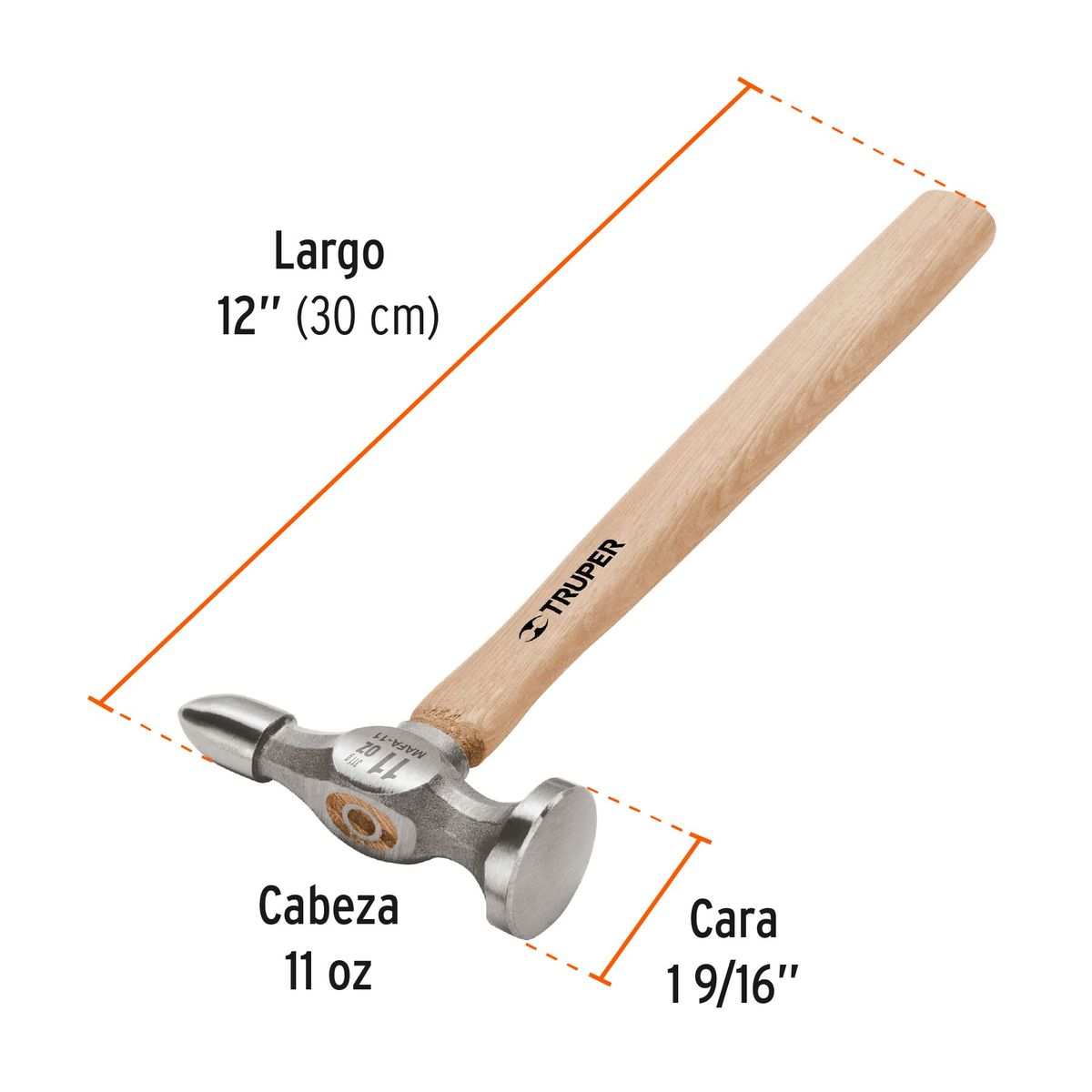 TRUPER - Martillo planchador desabollador 11 oz fino, mango 12", Truper