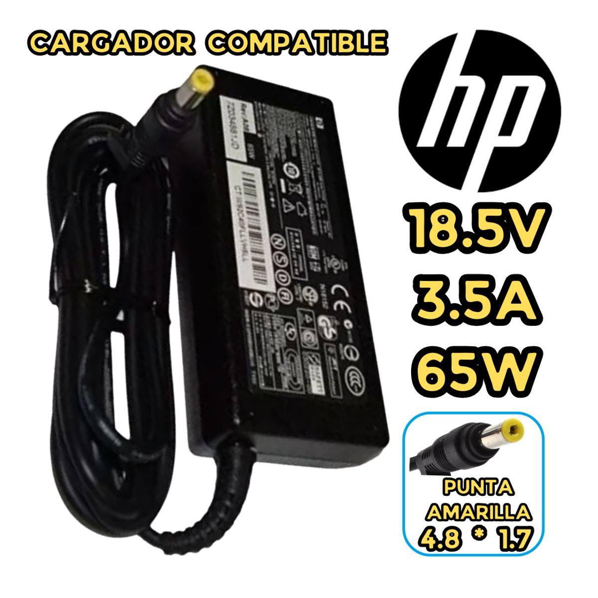 GENERICO - CARGADOR PARA LAPTOP HP 185V 35A PUNTA AMARILLA 48X17