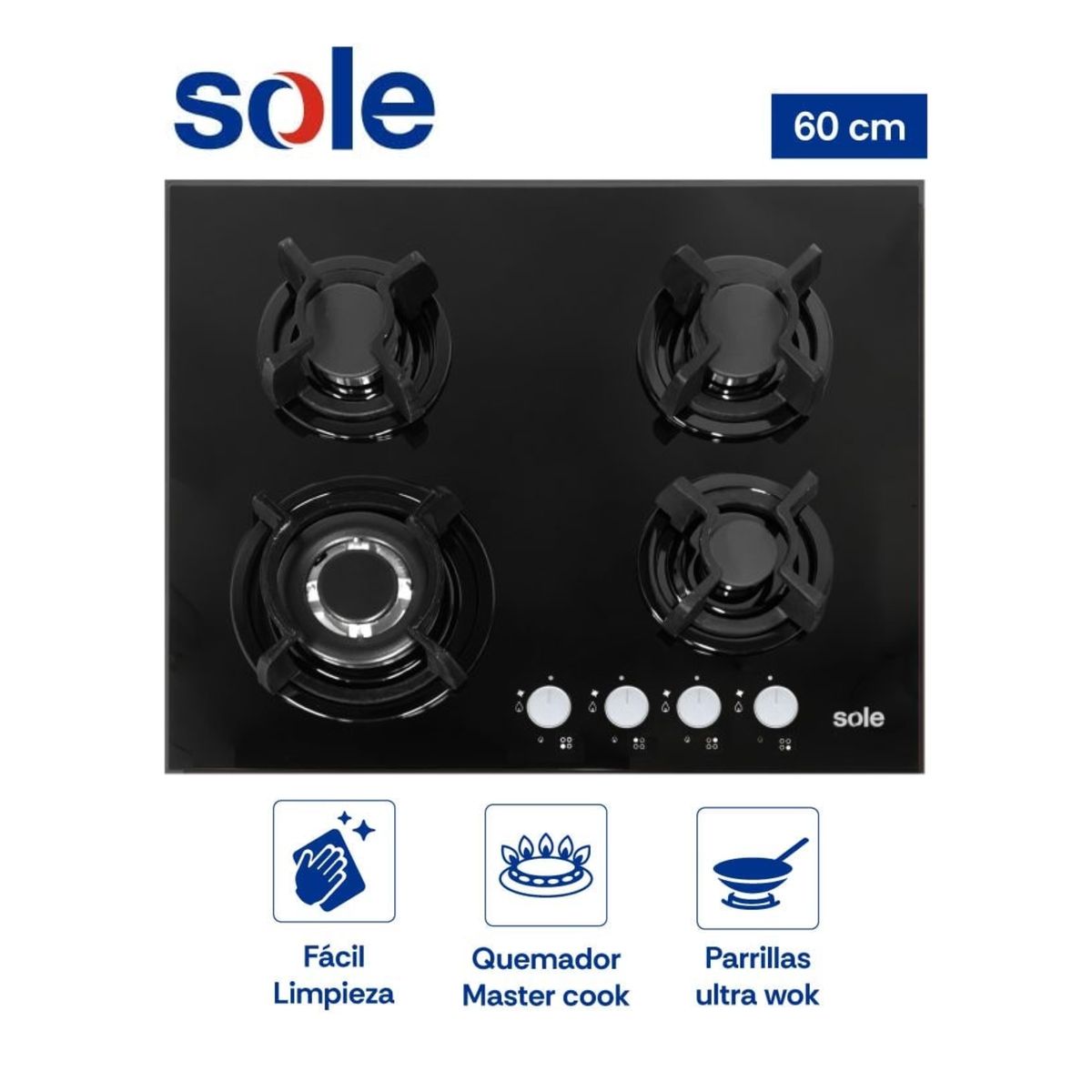 SOLE - COCINA EMPOTRABLE VIDRIO TEMPLADO A GAS 4 QUEMADORES - SOLCO034.