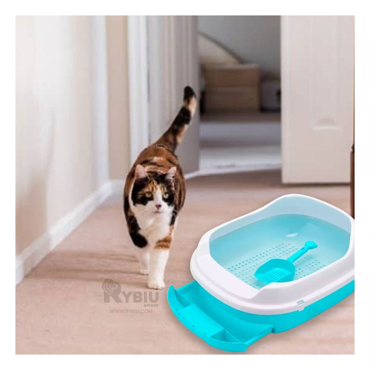 GENERICO - Arenero Ergonomico para Gato con Bandeja en Celeste