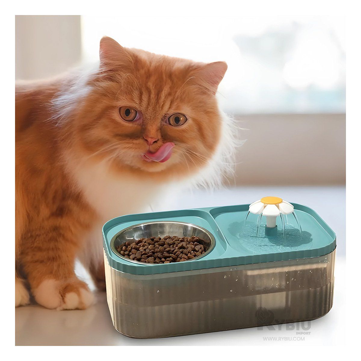 RYBIU IMPORT - Fuente para Mascotas Doble Comida y Agua Rectangular Celeste