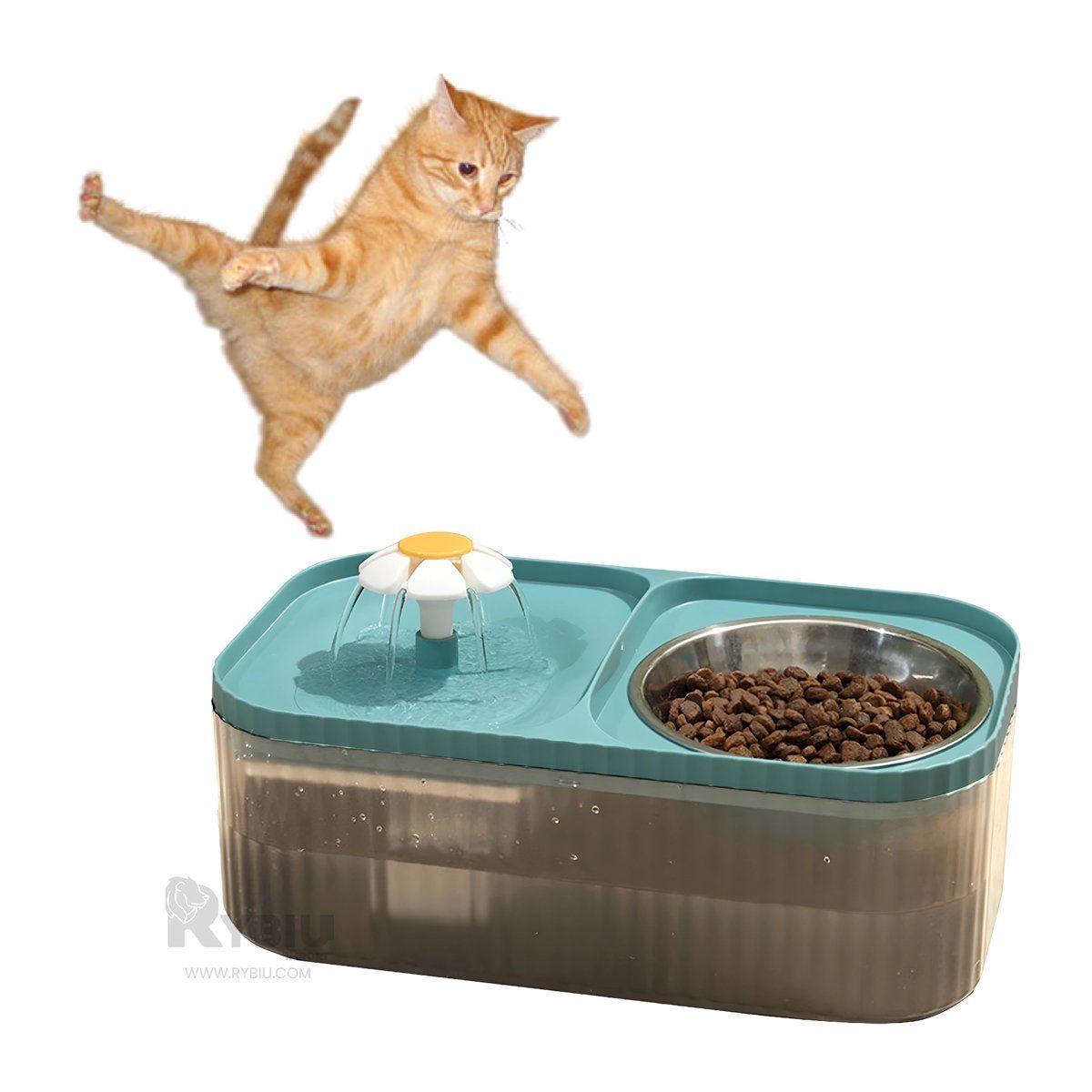 RYBIU IMPORT - Fuente para Mascotas Doble Comida y Agua Rectangular Celeste