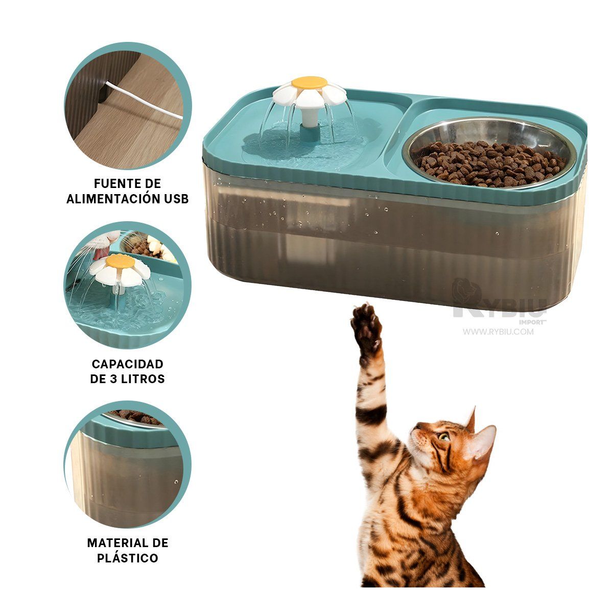 RYBIU IMPORT - Plato para Gato Doble en Tono Celeste Y+Banderitas Adhesivas