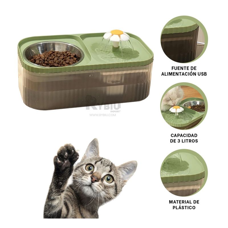 RYBIU IMPORT - Dispensador Doble Comida y Agua Gato Verde Y+Regalo Stickers