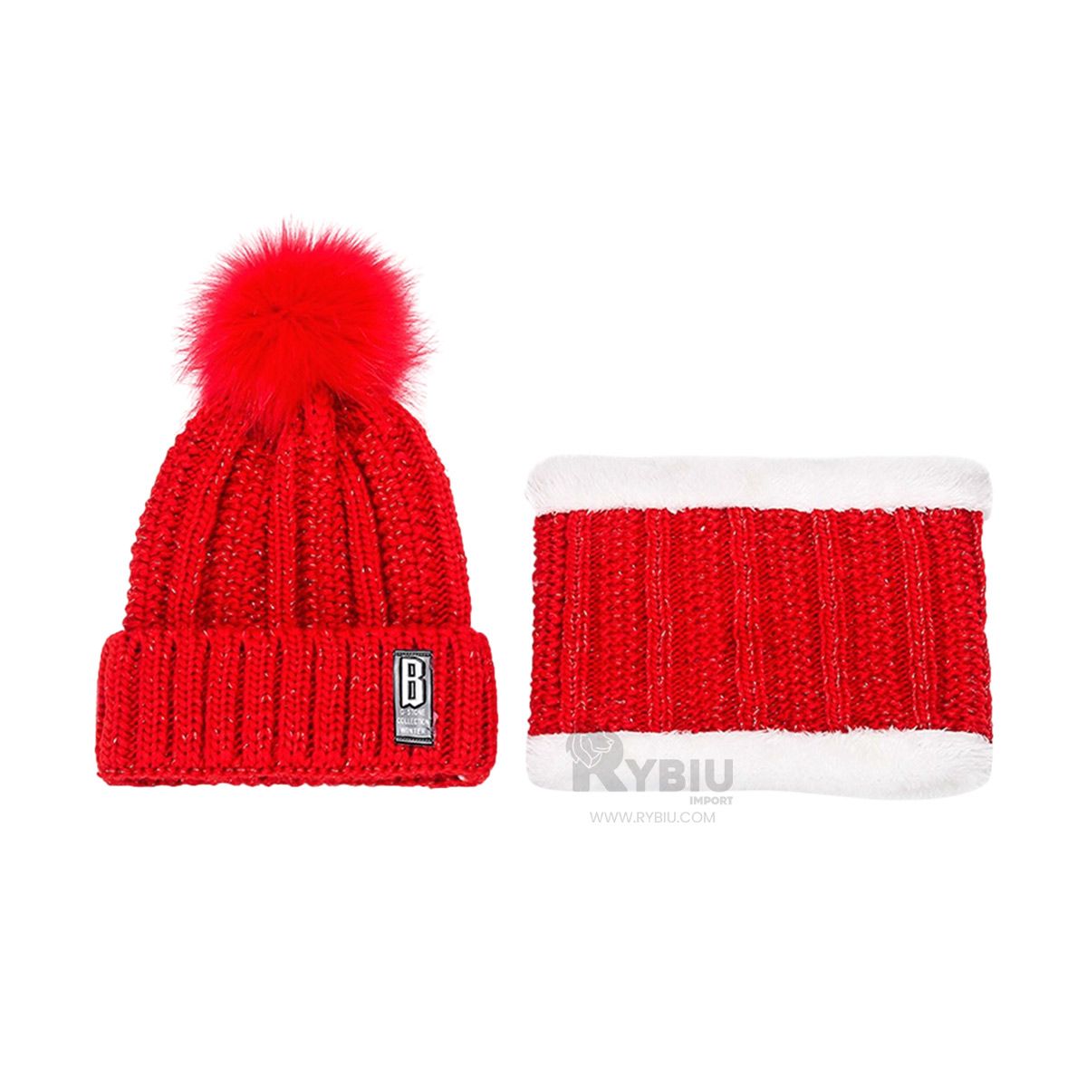 GENERICO - Gorro con Pompom y Cuellera para Invierno en Color Rojo