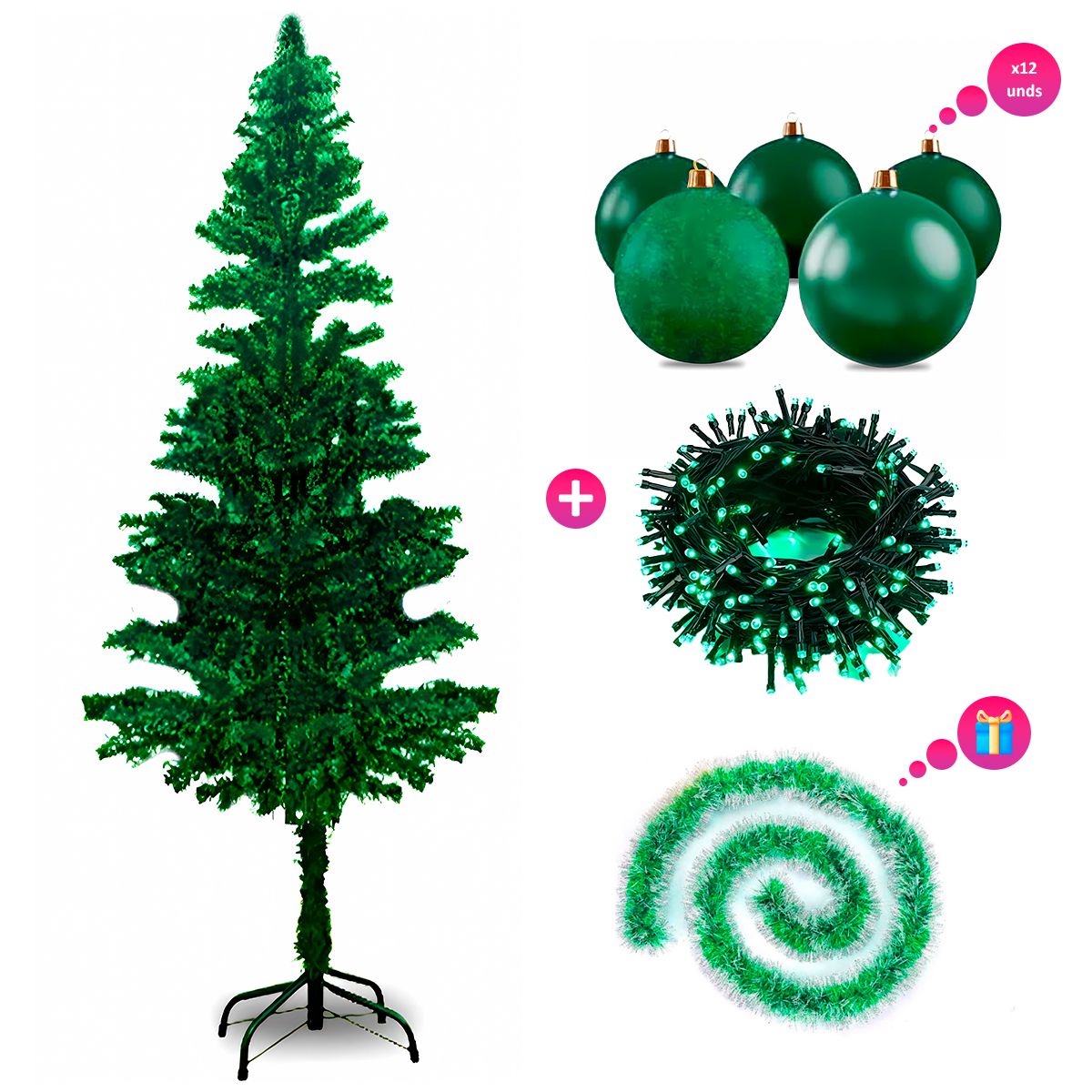 GENERICO - Árbol 1.7 + Luces Verdes + Bolas Verdes x 12 und + Guirnalda Regalo