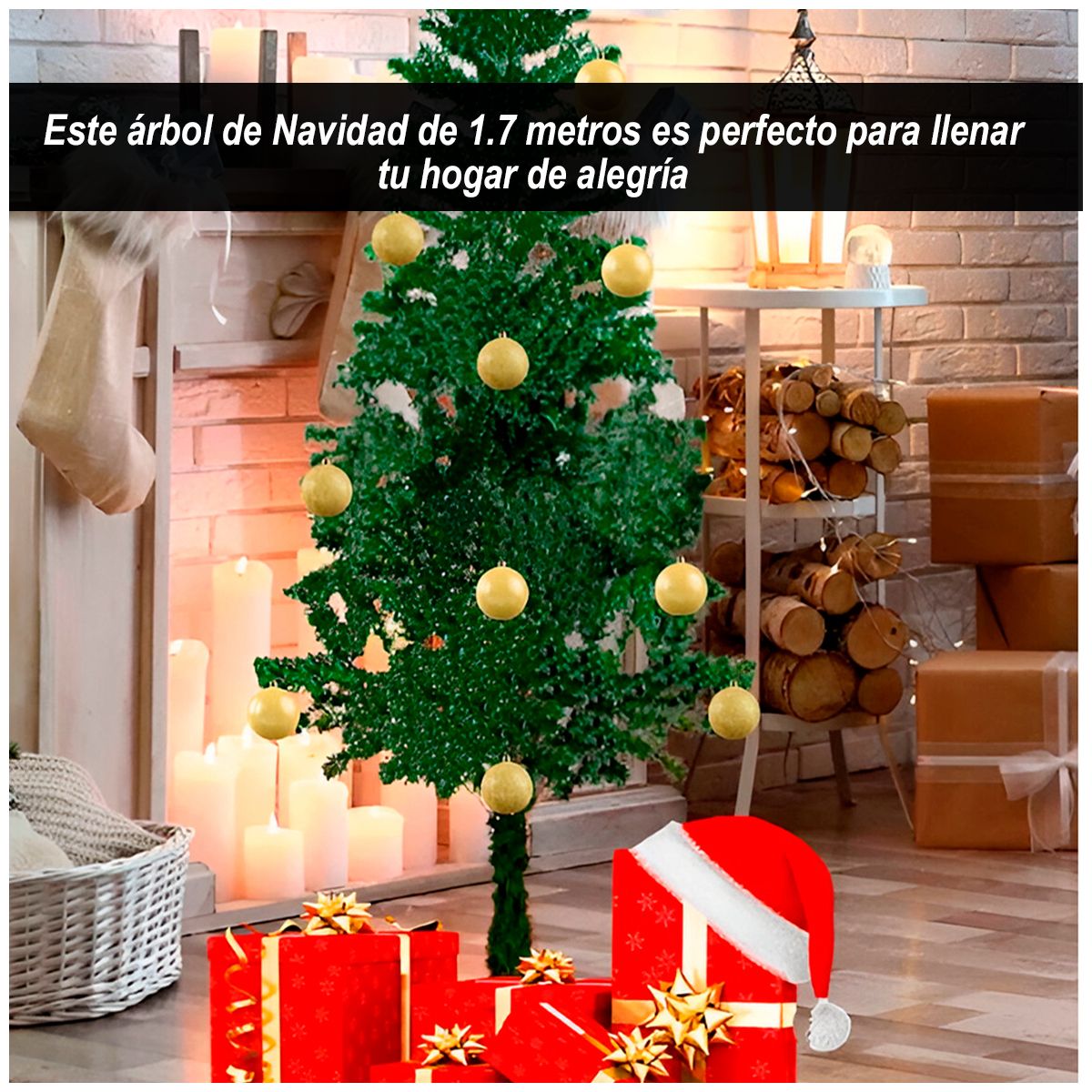 GENERICO - Árbol 1.7 + Luces Verdes + Bolas Verdes x 12 und + Guirnalda Regalo