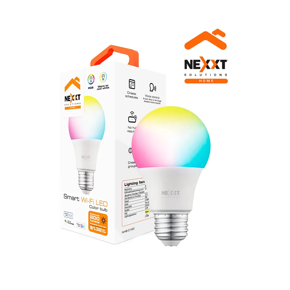 NEXXT SOLUTIONS - Bombilla LED inteligente WiFi Nexxt NHB-C120M 220V-A19 RGB Regulador de brillo