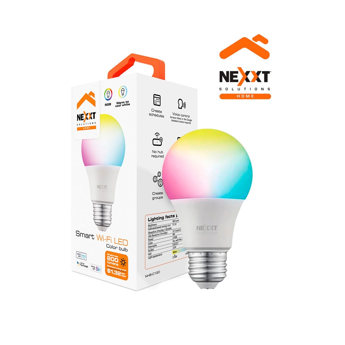 NEXXT SOLUTIONS - Foco LED Inteligente Nexxt NHB-C120 Luz RGB y blanca Contol Voz Regulador brillo