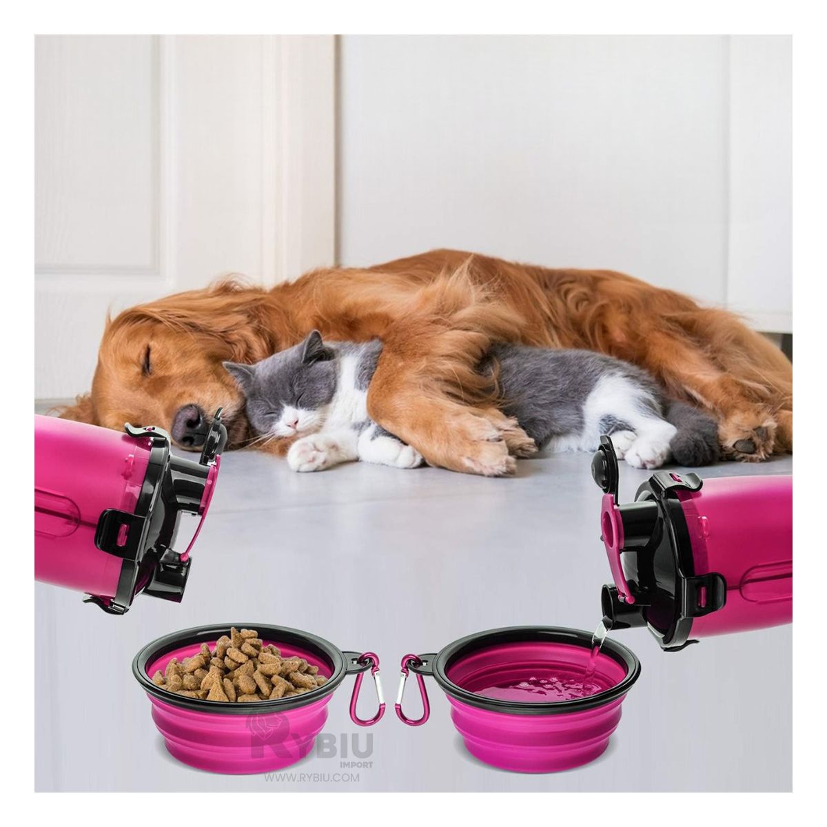 GENERICO - Bebedero Portatil con Plato Plegable para Mascota Rosado