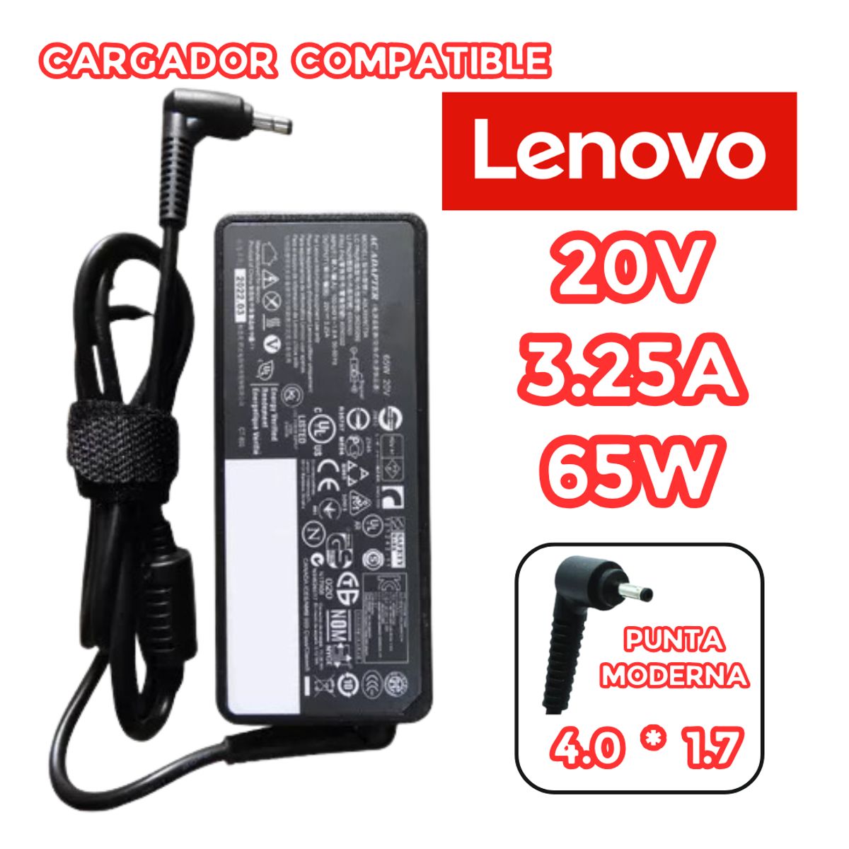 GENERICO - CARGADOR PARA LAPTOP LENOVO 20V 3.25A  PUNTA MODERNA  4.0*1.7