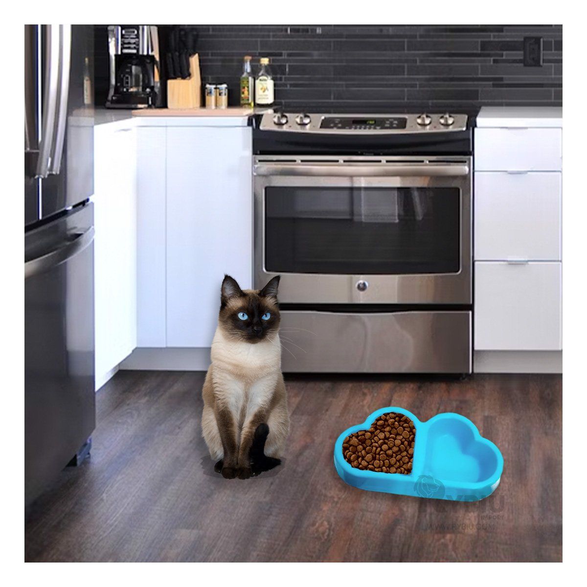 RYBIU IMPORT - Platillo de Plastico para Perros y Gatos Celeste Y+Stickers