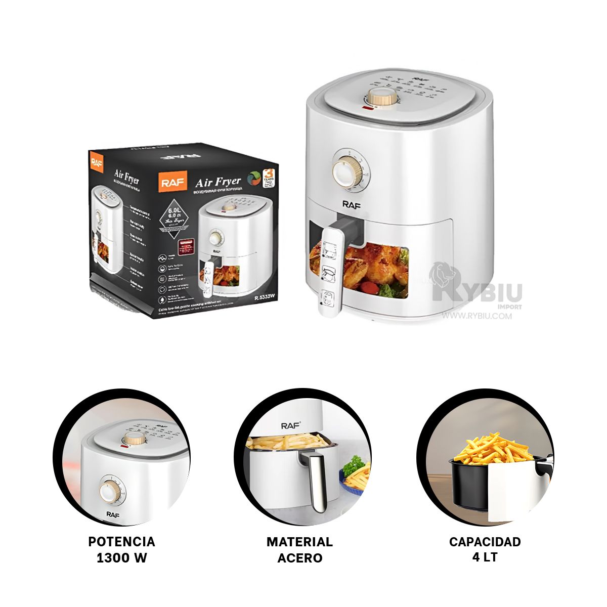 RYBIU IMPORT - Airfryer Digital en Color Blanco Y+Regalo Ligas para Peinar