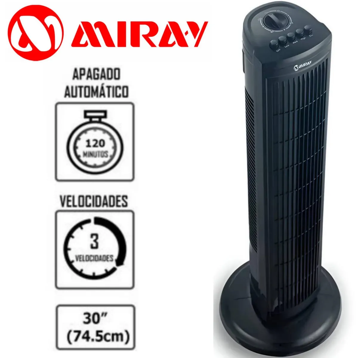 MIRAY - Ventilador 30 WATTS Torre Miray 3velocidades  VMTT-933 NEGRO