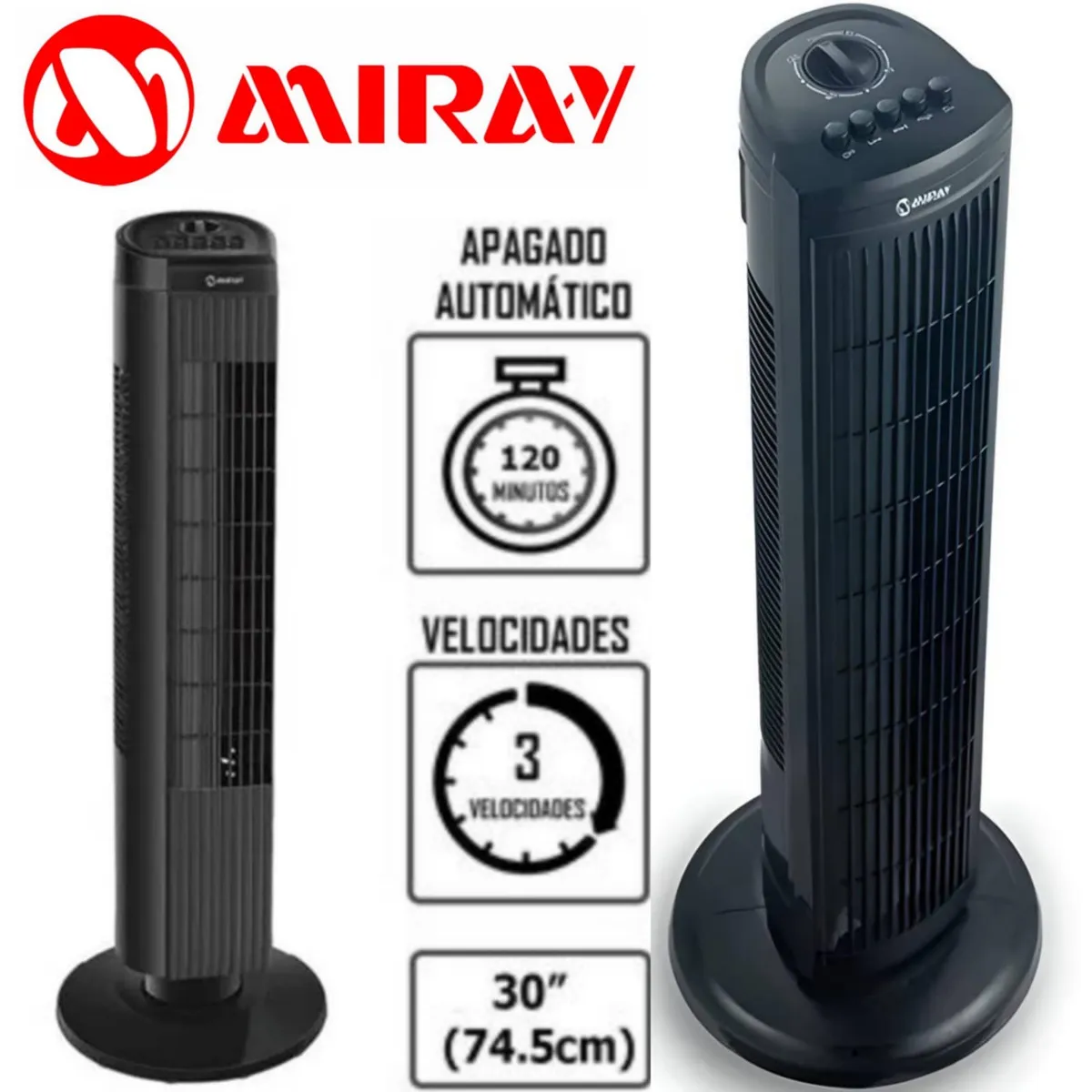 MIRAY - Ventilador 30 WATTS Torre Miray 3velocidades  VMTT-933 NEGRO