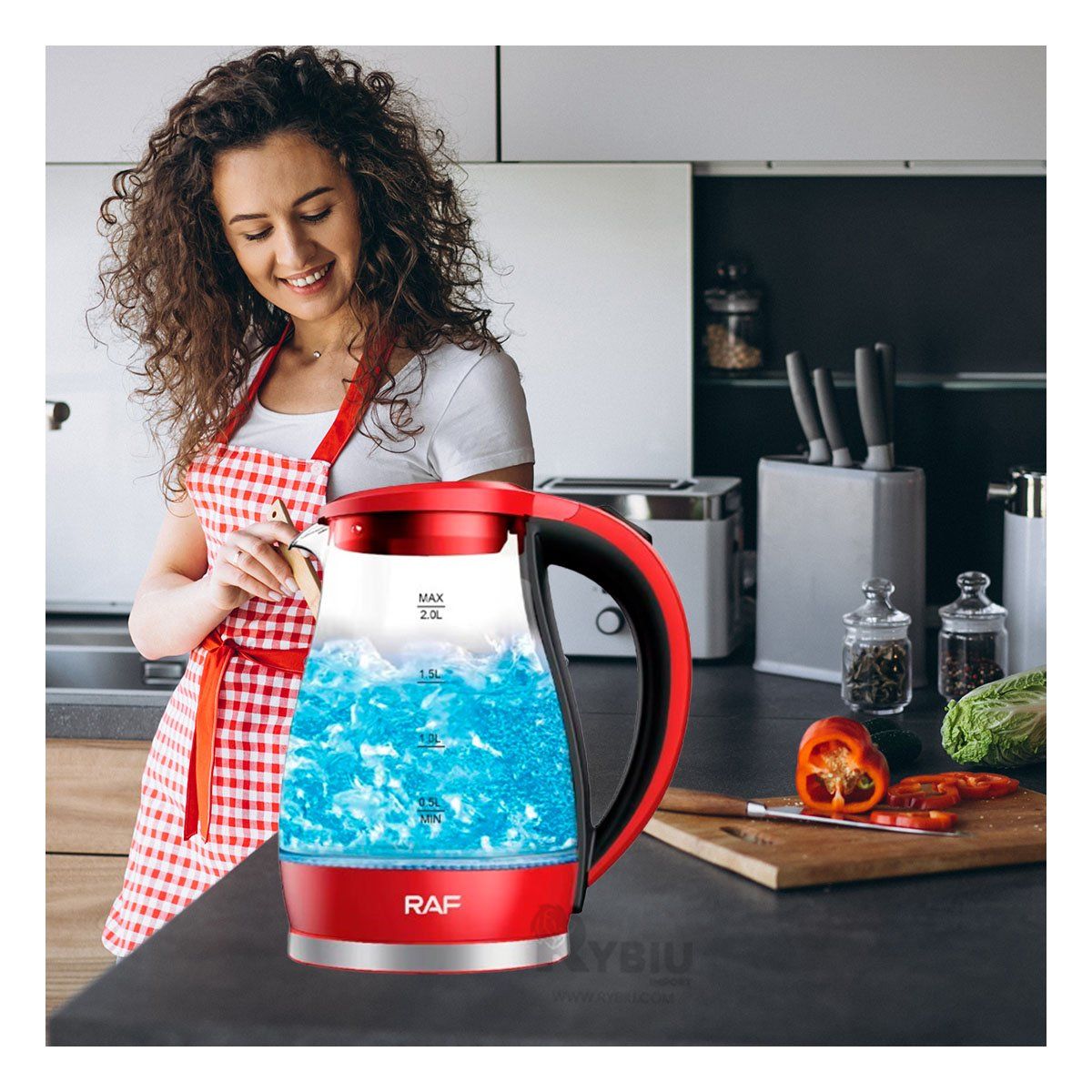 RYBIU IMPORT - Hervidor Compacto de 2L en Color Rojo Y+Papel de Regalo