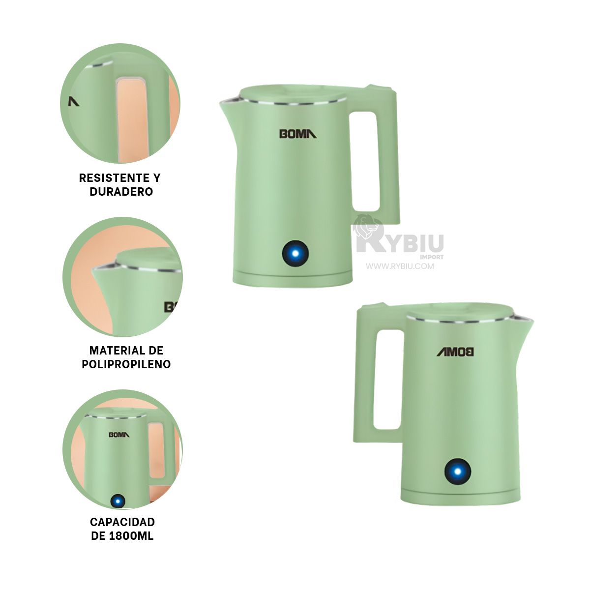 RYBIU IMPORT - Tetera Electrica de 1800ml en Verde Y+Post-it Adhesivos