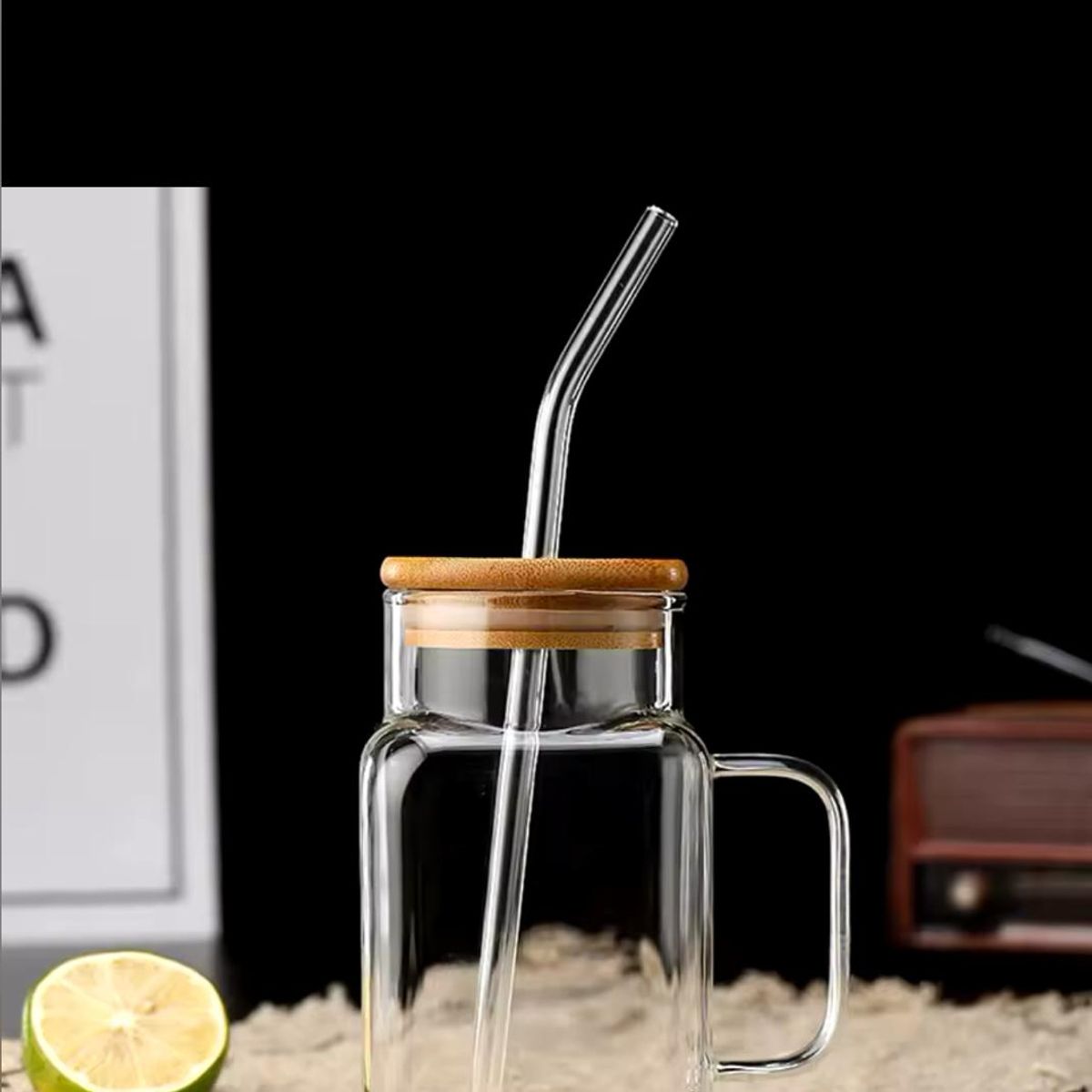 GENERICO - Vasos de Cristal con Tapa de Bambú y Sorbete Reutilizable