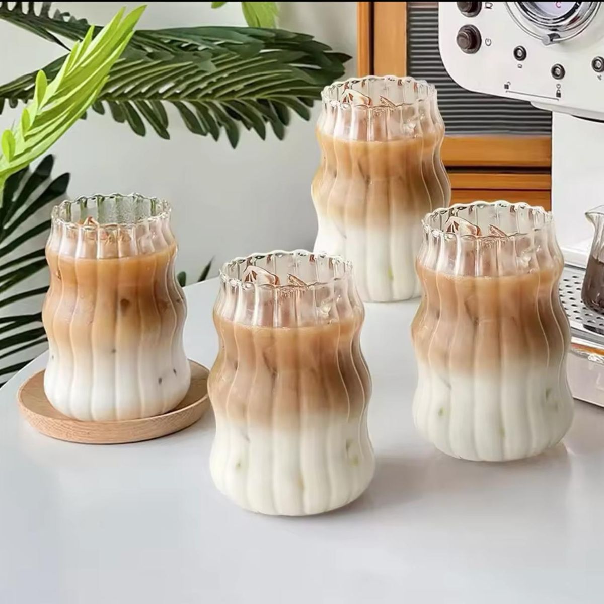 GENERICO - VASO DE VIDRIO AESTHETIC TAPA DE BAMBÚ - ONDAS Y FRANJAS